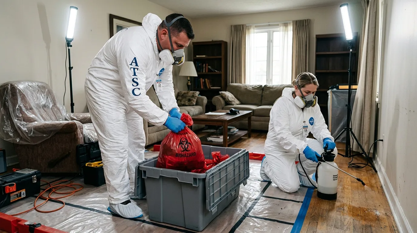 Professional Hazmat Cleanup technician in full PPE working in Oakville
